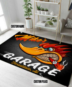 Personalized Hot Rod Garage Woody Mr Horsepower Woodpecker Area Rug