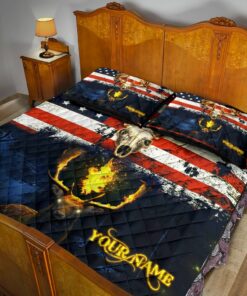 Personalized American Flag And Deer In Fire Camoflage Quilt Bedding Set