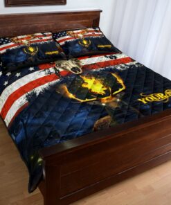 Personalized American Flag And Deer In Fire Camoflage Quilt Bedding Set