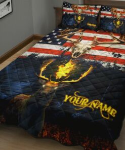 Personalized American Flag And Deer In Fire Camoflage Quilt Bedding Set