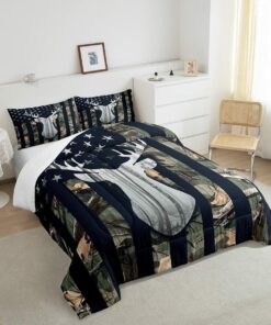 Army Green Camouflage American Flag Antlers Deer Hunting Quilt Bedding Sets