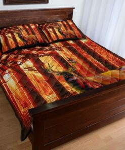 Vintage Orange USA Flag With Deer in Woodland Quilt Bedding Sets