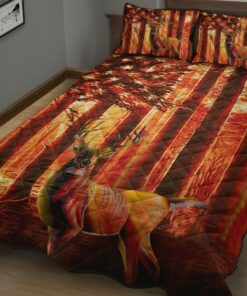 Vintage Orange USA Flag With Deer in Woodland Quilt Bedding Sets