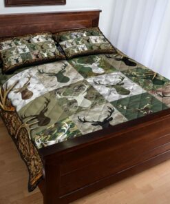 Green Camo Deer Antler Quilt Sets Lightweight Ultra Soft For All Season
