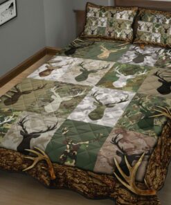 Green Camo Deer Antler Quilt Sets Lightweight Ultra Soft For All Season
