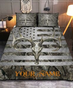 American Flag Camouflage Whitetail Buck Deer Skull Hunting Quilt Bedding Set