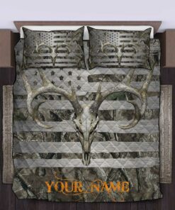 American Flag Camouflage Whitetail Buck Deer Skull Hunting Quilt Bedding Set