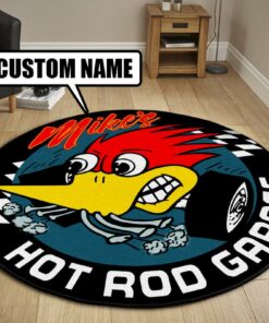 Personalized Hot Rod Mr. Horsepower Woodpecker Round Mat