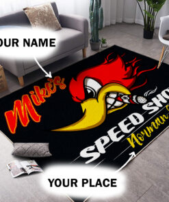 Personalized Speed Shop Mr Horsepower Hot Rod Woodpecker Area Rug