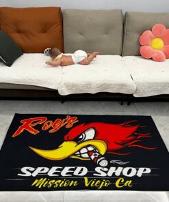 Personalized Speed Shop Mr Horsepower Hot Rod Woodpecker Area Rug
