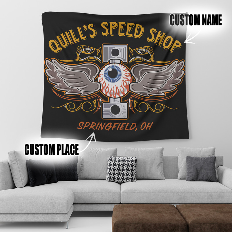 Personalized Pinstripe Eye Balls Piston Hot Rod Garage Tapestry Dingmun