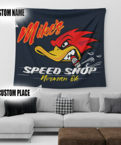 Personalized Mr. Horsepower Hot Rod Duck Speed Shop Garage Tapestry