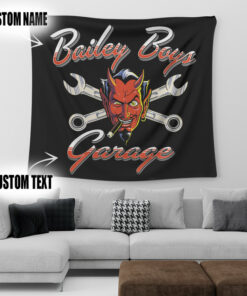 Personalized Pinstripe Red Devil Hot Rod Garage Tapestry