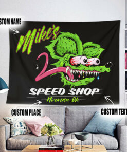Personalized Speed Shop Rat Fink Hot Rod Garage Tapestry