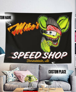 Personalized Hot Rod Rat Fink Speed Shop Kustom Kulture Garage Tapestry