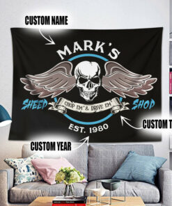 Personalized Skull And Wing Hot Rod Speed Shop Garage Tapestry
