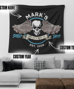 Personalized Skull And Wing Hot Rod Speed Shop Garage Tapestry
