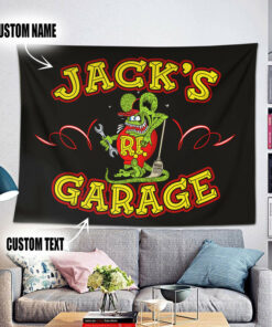 Personalized Old School Hot Rod Rat Rink Pinstripe Lettering Garage Tapestry