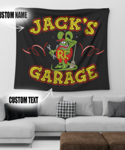 Personalized Old School Hot Rod Rat Rink Pinstripe Lettering Garage Tapestry
