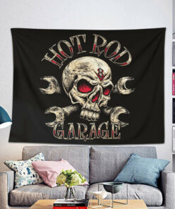 Hot Rod Iron Skull Speed Shop Garage Tapestry Wall Hanging
