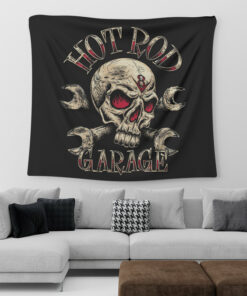 Hot Rod Iron Skull Speed Shop Garage Tapestry Wall Hanging