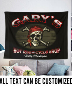 Personalized Hot Rod And Cycle Shop Pirate Skull Garage Tapestry