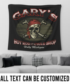 Personalized Hot Rod And Cycle Shop Pirate Skull Garage Tapestry
