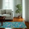 Retro 80s Miami Vice Style Turquoise Tropical Floral Non Slip Rug
