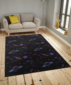 Arcade Rocketship Bowling Alley Carpet, Fluorescent Neon 80s Style Video Game Area Rug