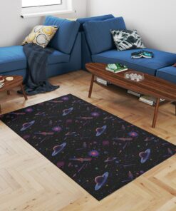 Arcade Rocketship Bowling Alley Carpet, Fluorescent Neon 80s Style Video Game Area Rug