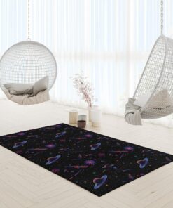 Arcade Rocketship Bowling Alley Carpet, Fluorescent Neon 80s Style Video Game Area Rug