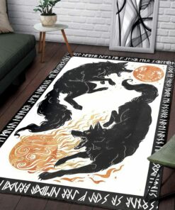 Personalized Fenrir Skoll and Hati Rune Viking Area Rug for Living Room
