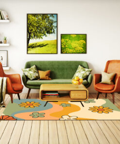 70s Rug Vintage Themed Groovy Waves and Floral Pattern Floor Mats
