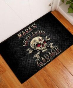 Personalized Hot Rod Skull Garage Door Mat