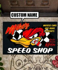 Personalized Woodpecker Hot Rod Speed Shop Parts Service Door Mat