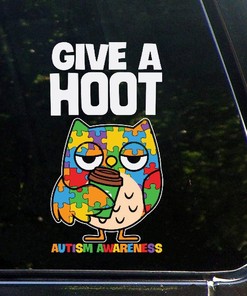 Give A Hoot Autism Owl Car Decals - Autism Awareness Puzzle Piece Decal for Car Door and Window