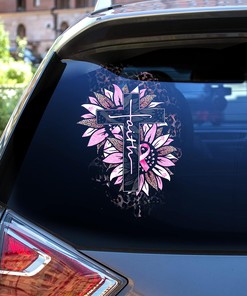 Breast Cancer Awareness Pink Leopard Jesus Cross Sunflower Vinyl Transparent Car Decal, Faith Jesus Cross Breast Cancer Awareness Car Sticker