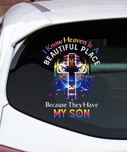 I Know Heaven is A Beautiful Place Because They Have My Son Vinyl Car Sticker, Lighting Tiger Cross Memorial Car Decals