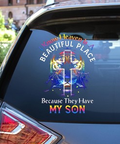 I Know Heaven is A Beautiful Place Because They Have My Son Vinyl Car Sticker, Lighting Tiger Cross Memorial Car Decals