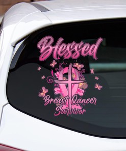 Breast Cancer Awareness Pink Ribbon Christian Cross Buterflies Vinyl Car Sticker Decal, Blessed Breast Cancer Survivor Transparent Car Decal