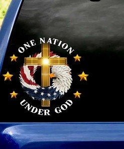 America One Nation Under God Car Decal Patriot Eagle Wreath Jesus Cross Sticker, Christian Sticker Decal