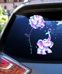 Suicide Prevention Awareness Decals - Baby Elephant Ribbon Under Peony Flower Car Decal Sticker, Suicide Prevention Awareness Car Sticker