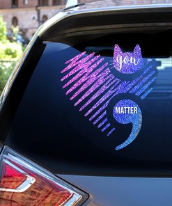 Suicide Prevention Awareness Decals - Glitter Pattern Heart Cat You Matter Car Decal, Gift for Cat Lover