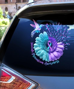 Suicide Prevention Awareness Teal And Purple Sunflower Ribbon Hummingbird Car Decal, Memorial Memorial Hummingbird Car Decal