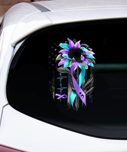 Suicide Prevention Awareness Teal And Purple Sunflower American Flag UV Car Decal, Teal and Purple Ribbon with Semicolon Car Door Sticker