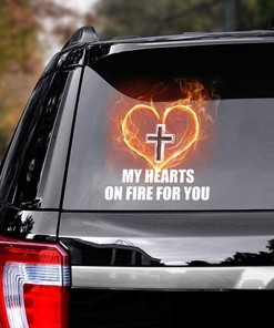 My Hearts On Fire For You Cross Symbol On Flame Vinyl Decal For Christians Truck Door And Windows Sticker