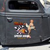 Personalized Hot Rod Pin Up Girl with Racing Flag Speed Shop Decals