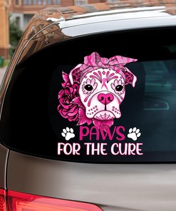 Breast Cancer Awareness Decal - Sugar Skull Puppy with Pink Headband Transparent Car Decal, Paws for The Cure Car Sticker