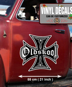 2 Pcs Old Skool School Iron Cross Hot Rod Garage Vinyl Sticker 09921