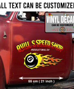 2 Pcs Personalized Flaming Eight Ball Hot Rod Garage Vinyl Sticker 09893